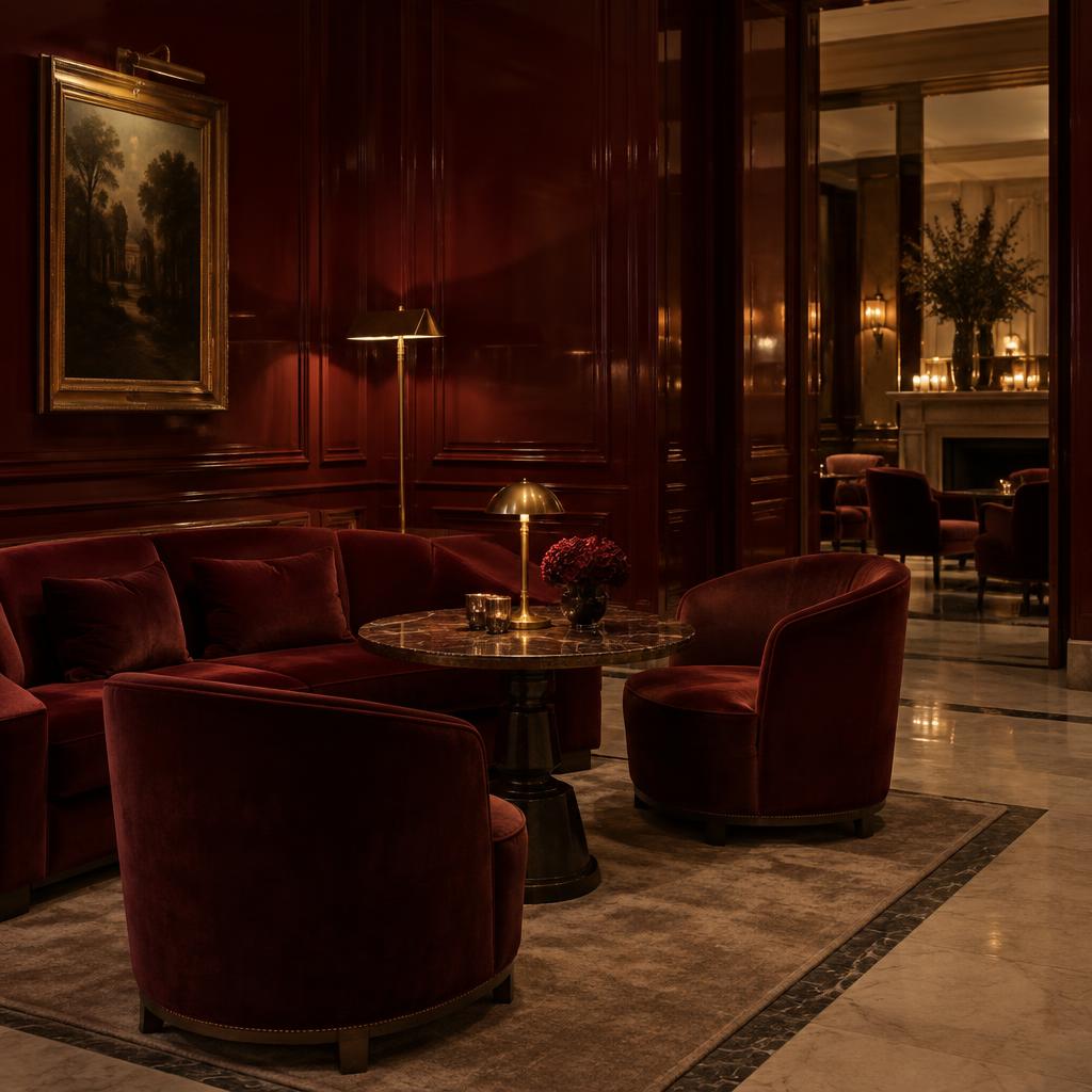 Vinröd hotellounge med sammetsfåtöljer och mässingsdetaljer