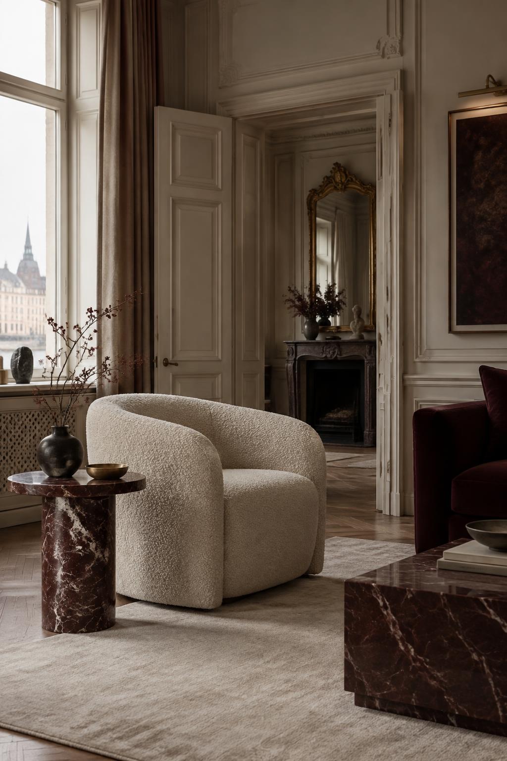 Elegant salong med skulpturala möbler och mjukt dagsljus